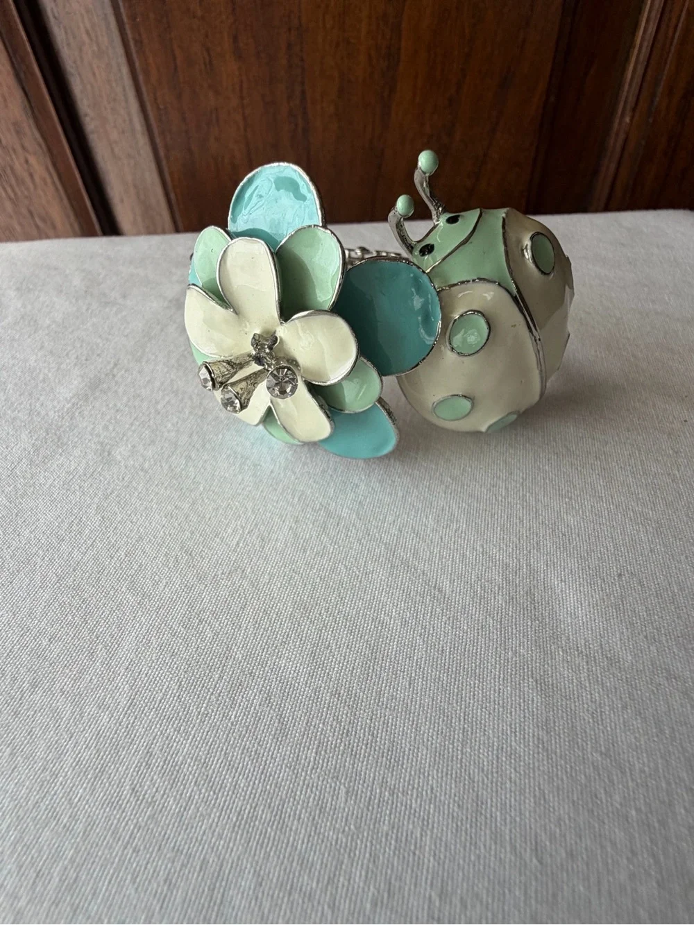 Statement Ladybug Flower Enamel Hinged Cuff Bracelet Rhinestone